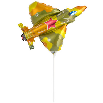 Шар на палочке Самолет военный, мини-фигура из фольги, с воздухом  
