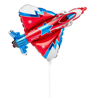 Шар на палочке Самолет истребитель красный, мини-фигура из фольги, с воздухом   