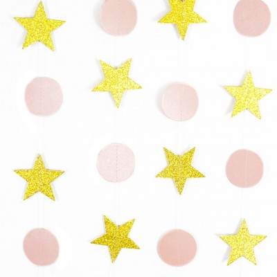 Гирлянда - подвеска Звездочки золотые и розовые круги, 220 см, из бумаги