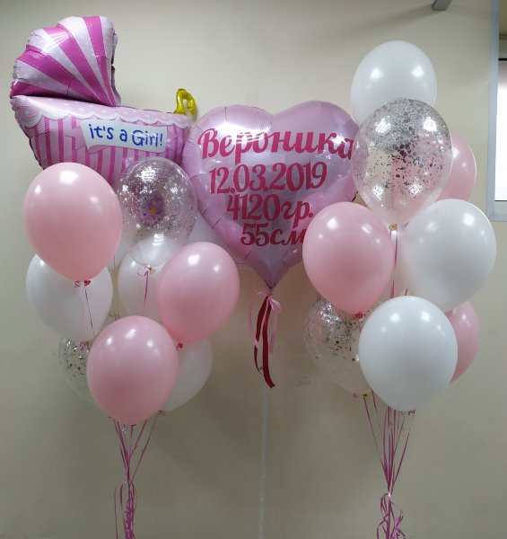 Композиция из воздушных шаров на выписку девочки Розовое сердце