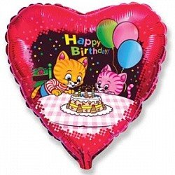 Фольгированный шар-сердце С днем рождения Котята, 45 см, с гелием