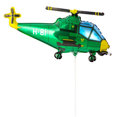 Шар на палочке Вертолет зеленый, мини-фигура из фольги, 30 см, с воздухом