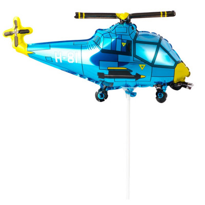 Шар на палочке Вертолет синий, мини-фигура из фольги, с воздухом 