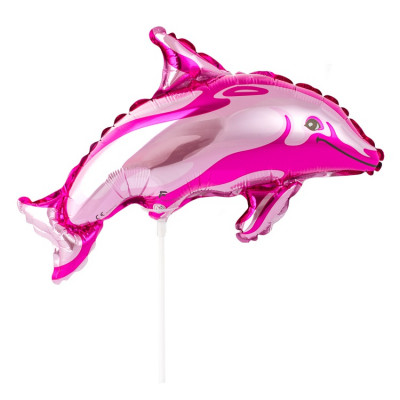 Шар на палочке Дельфин розовый, мини-фигура из фольги, с воздухом 