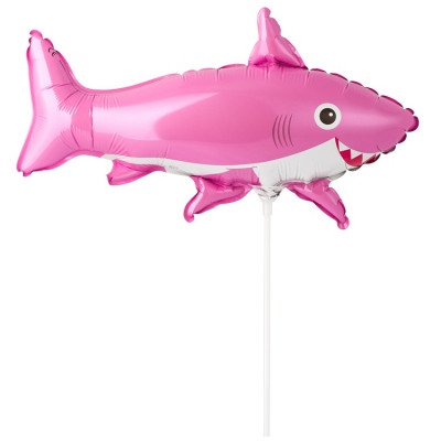 Шар на палочке Акула веселая розовая, мини-фигура из фольги, с воздухом 