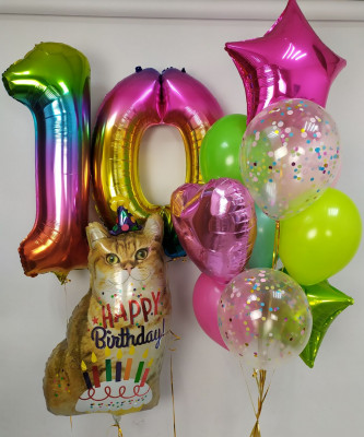 Композиция из шаров для девочки на 10 лет Радужная с котиком
