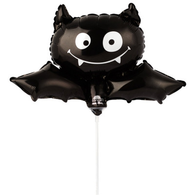 Шар на палочке Мышь летучая черная, мини-фигура из фольги, с воздухом    