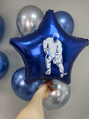 Хоккеист, фольгированный шар с гелием, звезда, синий, 45 см