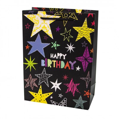 Пакет подарочный, С Днем Рождения! (разноцветные звезды), Черный, с блестками, 40*31*12 см