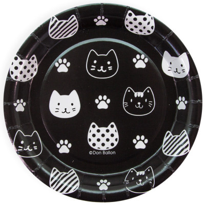 Тарелки бумажные с котиками  Хэппи Мяу, Черный/Белый, 6 шт, 18 см