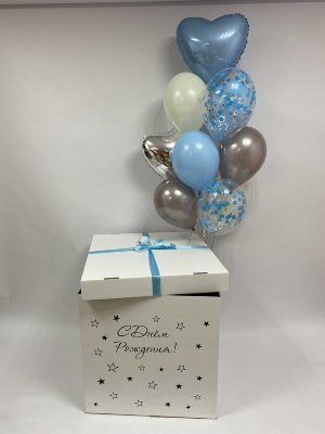 Большая белая коробка-сюрприз с шарами Голубая Пастель, 70х70х70 см*