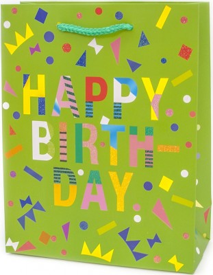 Пакет подарочный, С Днем Рождения! (яркие буквы), Зеленый, с блестками, 32*26*10 см