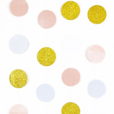 Гирлянда - подвеска Круги золотые с блестками, белые и розовые, 250 см, из бумаги 