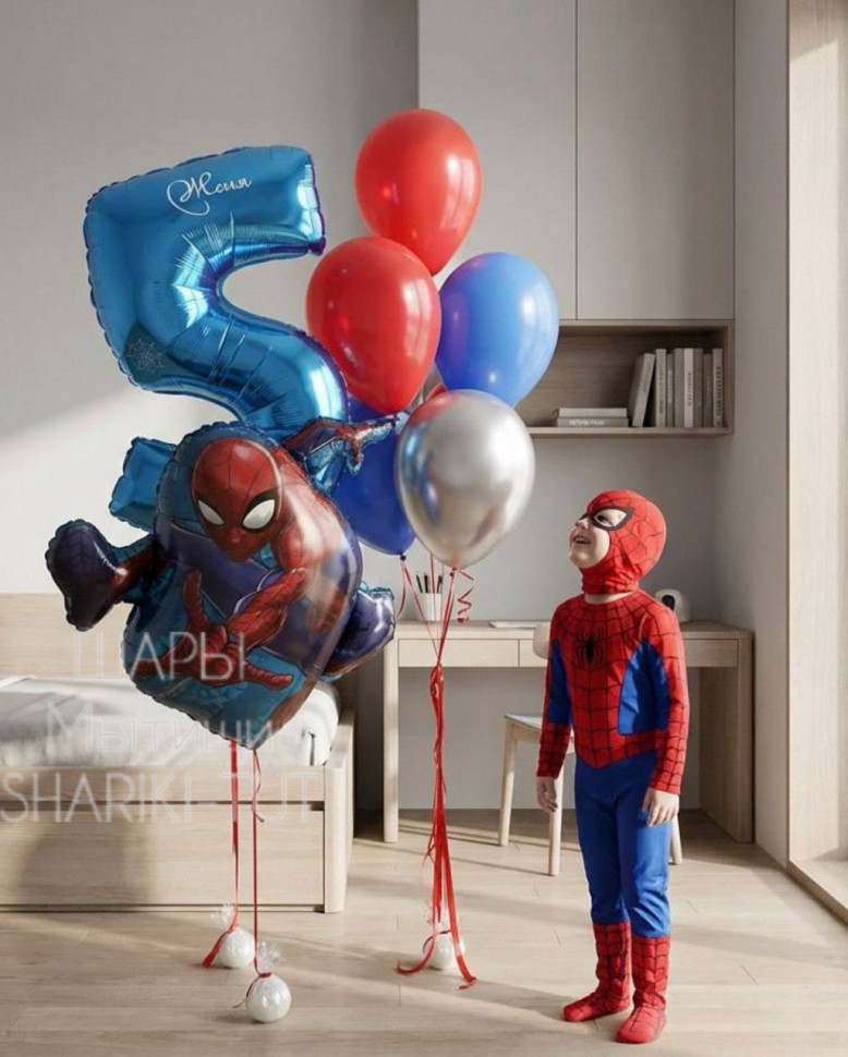 Шары для мальчика на 5 лет с Человеком пауком и цифрой ⚬
