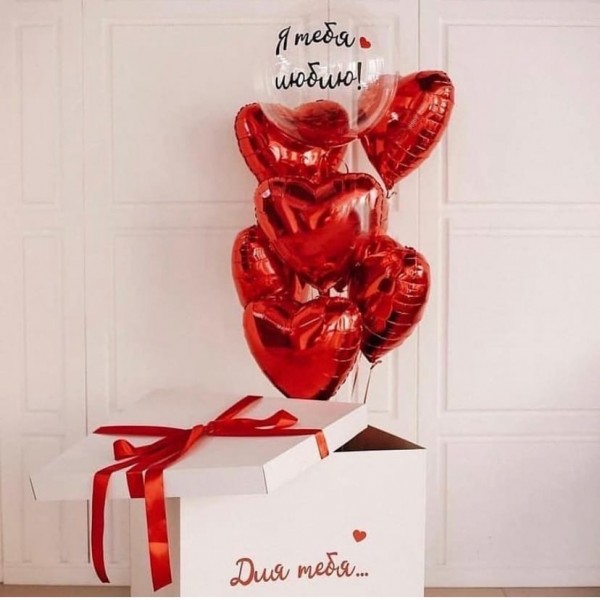 Большая красная коробка-сюрприз с шарами Сердца и Бабл, 70х70х70 см*