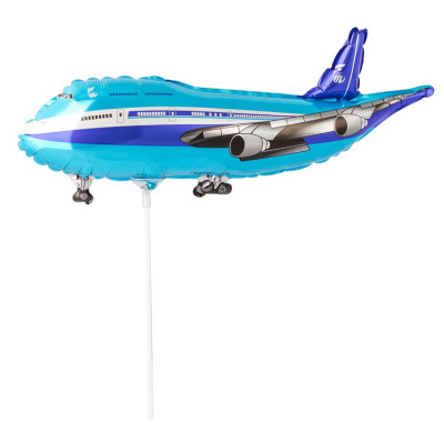Шар на палочке Самолет пассажирский синий, мини-фигура из фольги, с воздухом   