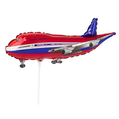 Шар на палочке Самолет пассажирский красный, мини-фигура из фольги, с воздухом  