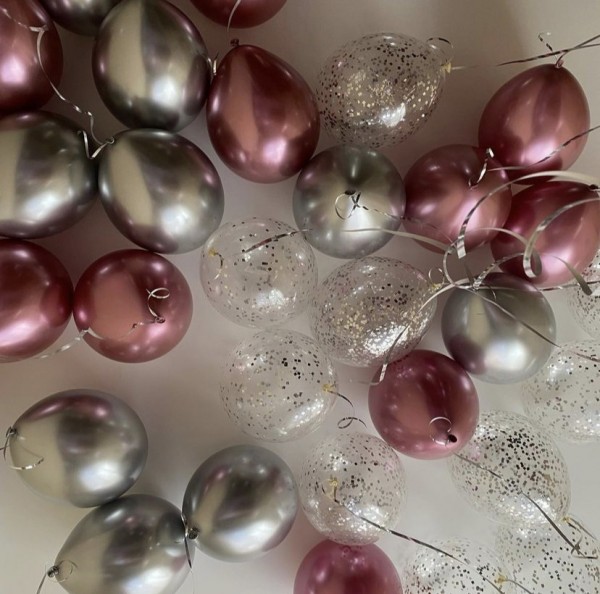 Шары под потолок, сочетание (розовый и серебряный хром, шары с конфетти), 30 см, с гелием