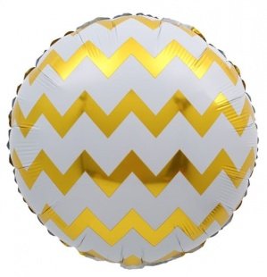 Круг белый с узором золотой зигзаг,  фольгированный шар с гелием, 45 см