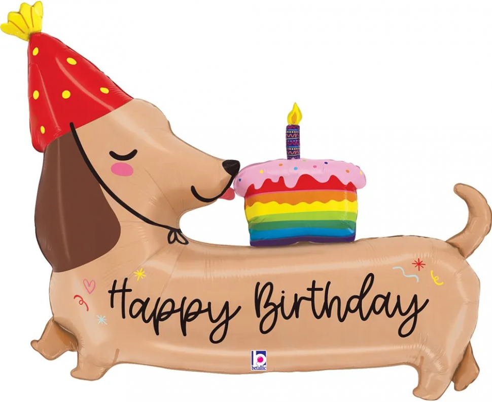 Таксик с кексиком Happy Birthday, шар фигура из фольги, с гелием