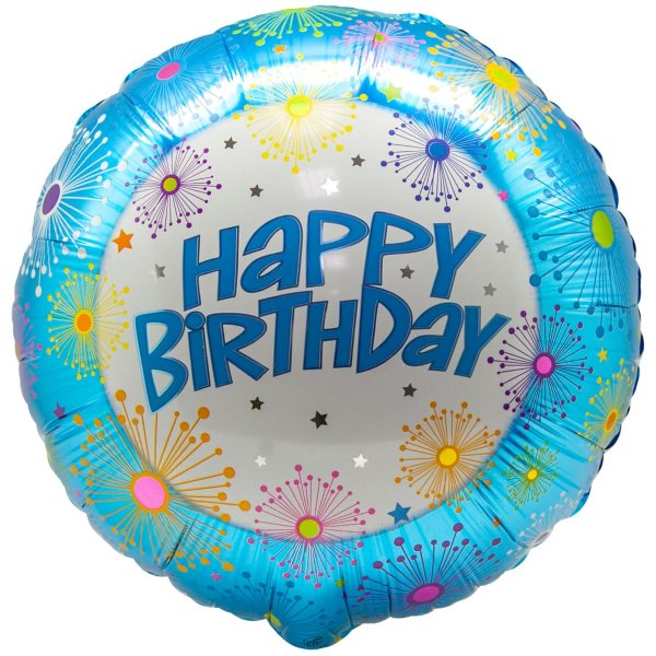 С днем рождения Салют, голубой, фольгированный шар с гелием, круг 45 см   