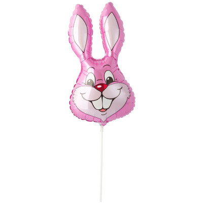 Шар на палочке Кролик розовый, мини-фигура из фольги, с воздухом   