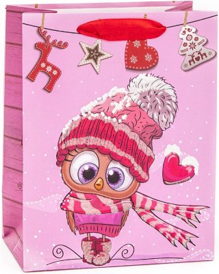 Пакет подарочный, Новогодняя птичка в шапочке, Розовый, с блестками, 32*26*12 см, 1 шт.