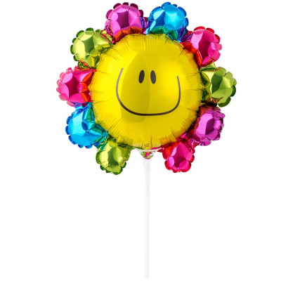 Шар на палочке Цветок радужный, мини-фигура из фольги, с воздухом  