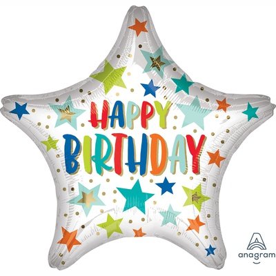 С днем рождения Звезды разноцветные на белом, фольгированный шар с гелием, звезда 45 см