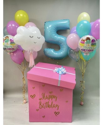 Большая розовая коробка-сюрприз с шарами Мороженое и Облако, 60х60х60 см*