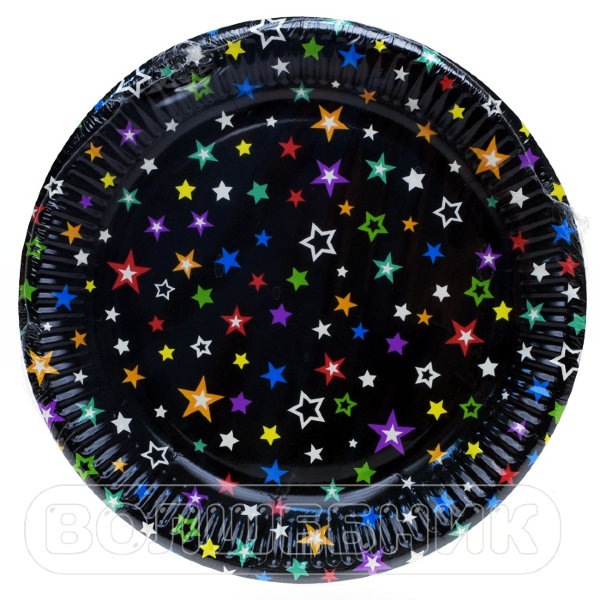 Звезды черные, тарелки бумажные одноразовые, 23 см, 8 шт