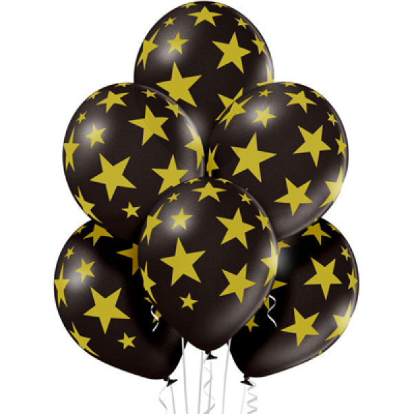 Воздушные шары черные с золотыми звездами, 30 см, с гелием, 1 шт