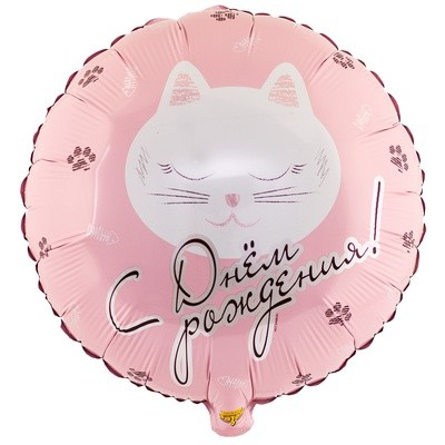 Котик С днем рождения, фольгированный шар с гелием, круг 45 см