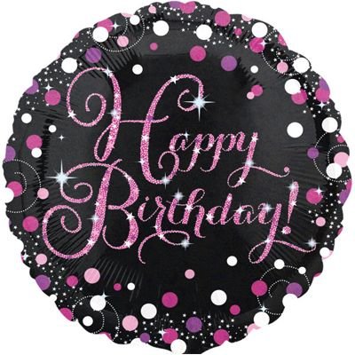 Happy birthday, фольгированный шар с гелием, черный с розовым и белым узором, круг 45 см