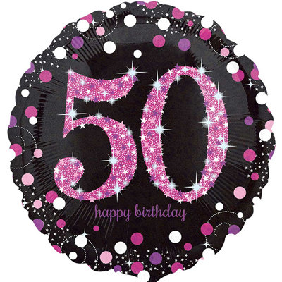 Happy birthday 50 лет, фольгированный шар с гелием, круг 45 см, черный с белым и розовым рисунком