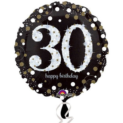Happy birthday 30 лет, фольгированный шар с гелием, черный с золотым и серебряным узором, круг 45 см.