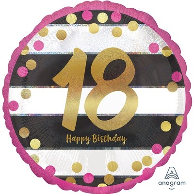 С днем рождения 18 лет, полосы черно-белые, фольгированный шар с гелием, круг 45 см