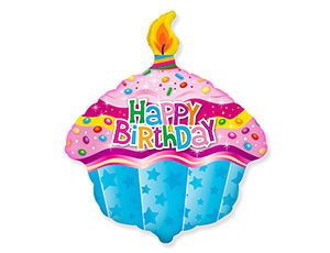 Фольгированный шар Кекс со свечкой и надписью Happy Birthday, фигура, с гелием