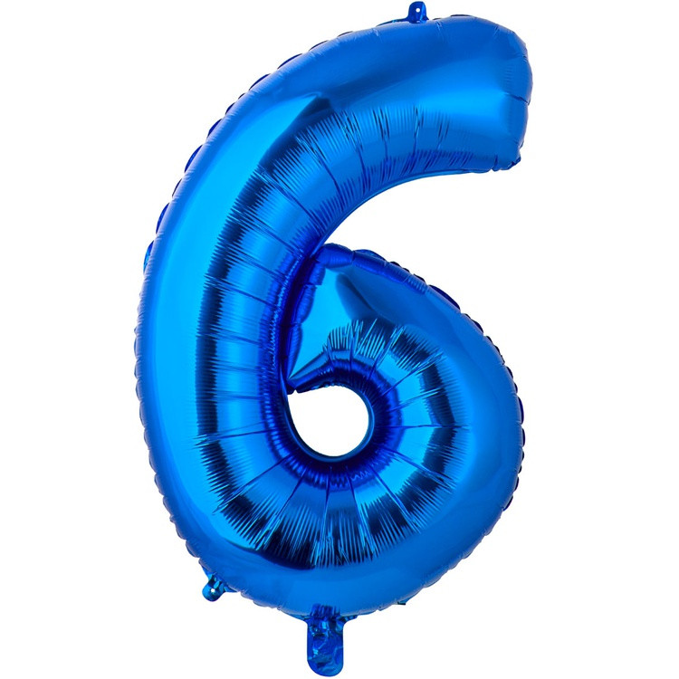 Шар цифра 6 из фольги  с гелием, синий 66 см (маленькая) 