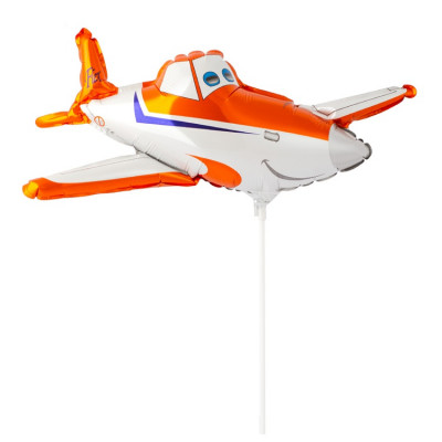 Шар на палочке Самолет оранжевый, мини-фигура из фольги, с воздухом  