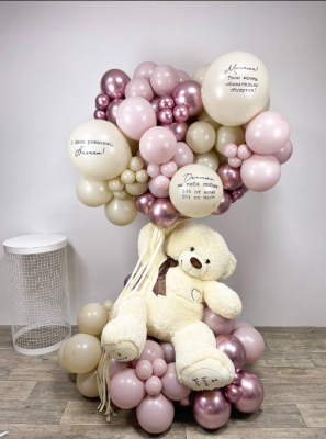 Напольная композиция из шаров, с большим плюшевым медведем и поздравлениями на шарах