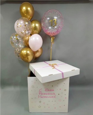 Большая коробка-сюрприз с шарами Бабл с Розовую Точку, 70х70х70 см