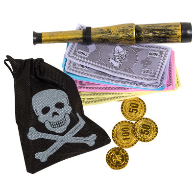 Набор пирата №2 (подзорная труба, мешочек для денег с пиратской эмблемой - черепом и костями, монеты, купюры)	