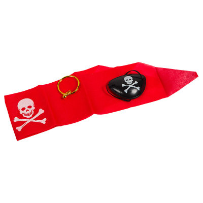Набор пирата №1 (Тканевая красная бандана, повязка на глаз и золотая серьга-клипса)