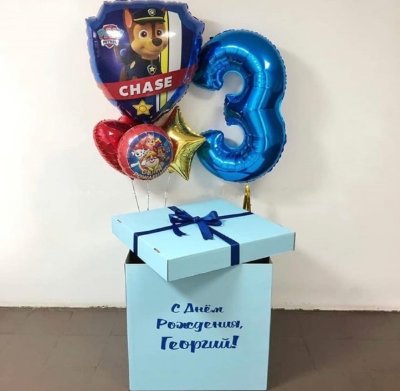 Большая голубая коробка-сюрприз с шарами Щенячий Патруль, 60х60х60 см