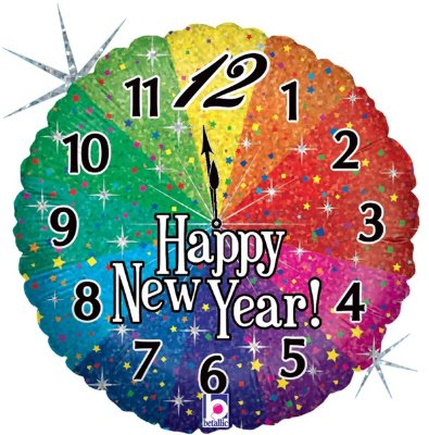 Шар фольгированный, круг, Новогодние часы, Яркий фейерверк, Радужный, Голография, 45 см, с гелием