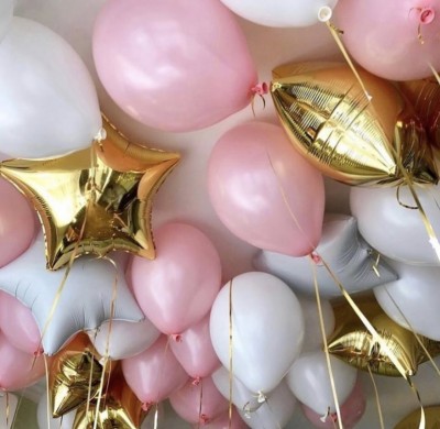 Воздушные шары, сочетание (золото, розовый и белый), 30 см и 45 см, с гелием