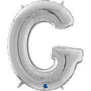 Фольгированный шар буква G серебряная, 66 см с гелием, на грузе   
