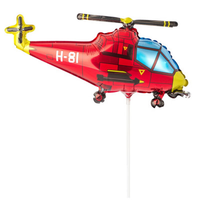 Шар на палочке Вертолет красный, мини-фигура из фольги, 30 см, с воздухом