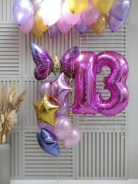 • Шары для девочки на 13 лет, розовые и сиреневые, с Феей и цифрами